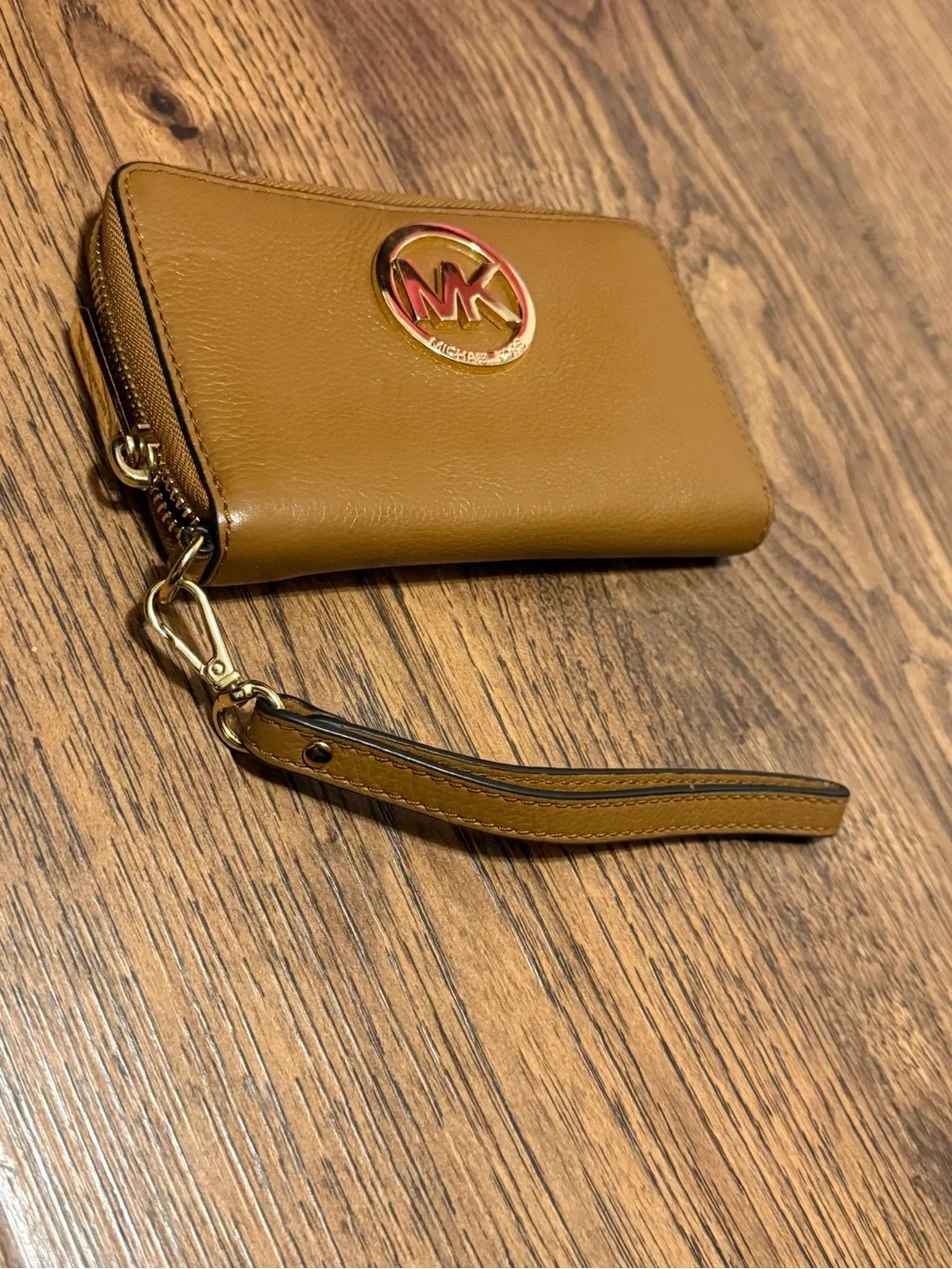 Michael Kors Tan Brown Leather MK Logo Zip Wristlet